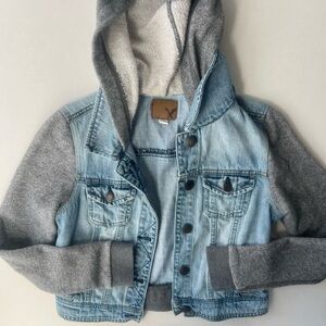 American Eagle Outfitters Light Blue Denim Jacket with Gray Hoodie Sleeves